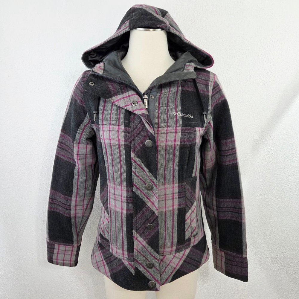 Columbia pink gray plaid flannel jacket hooded coat wool women's size small S